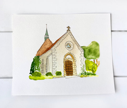 Custom watercolor painting of a wedding venue