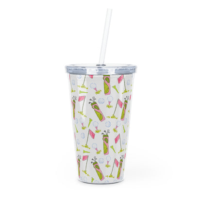 Pink Birdie Pattern Plastic Tumbler with Straw