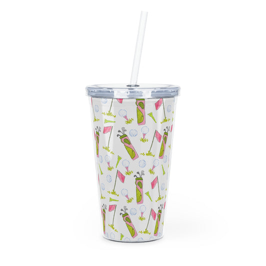 Pink Birdie Pattern Plastic Tumbler with Straw