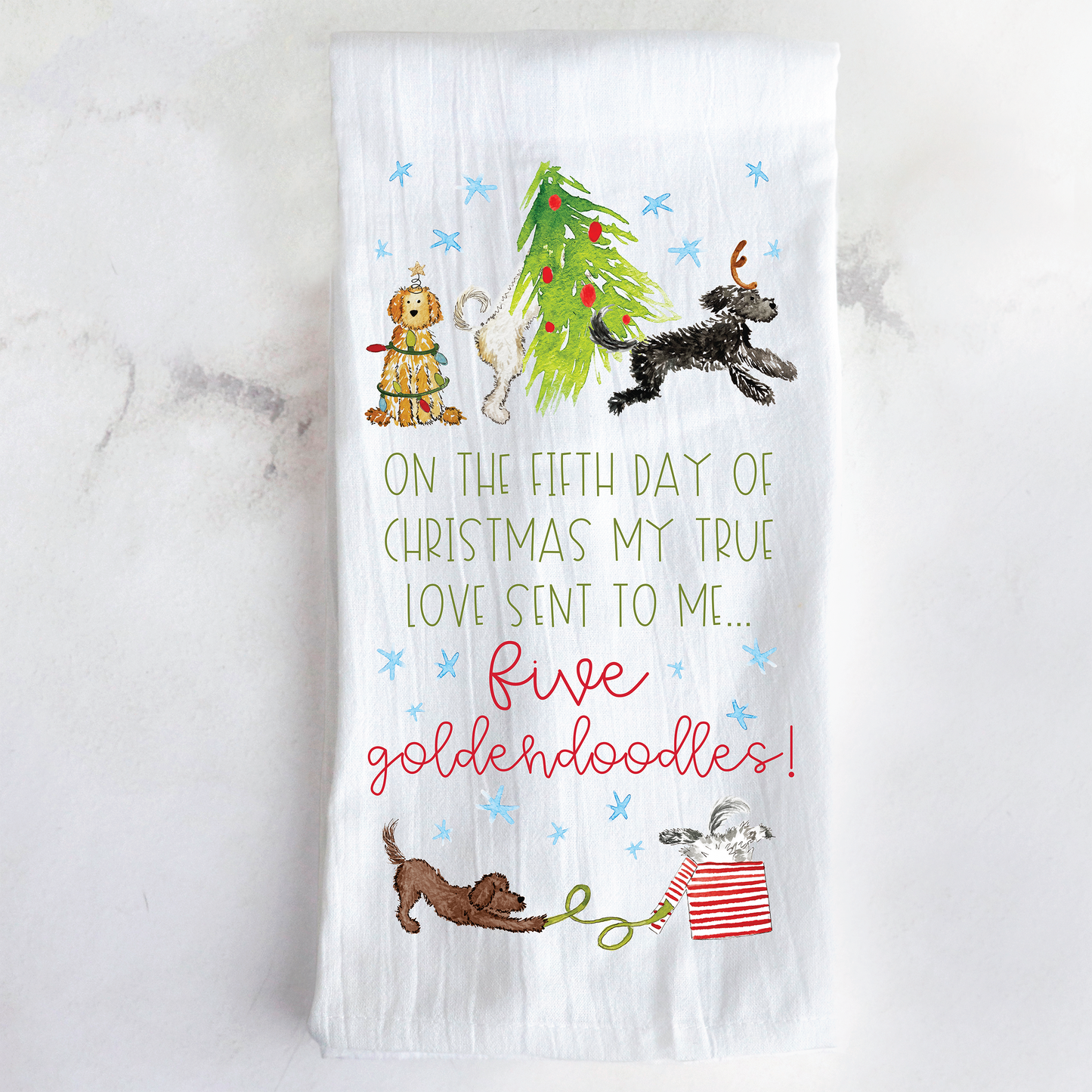 Five Goldendoodles Christmas Tea Towel