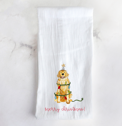 Festive Christmas Golden Retriever Tea Towel