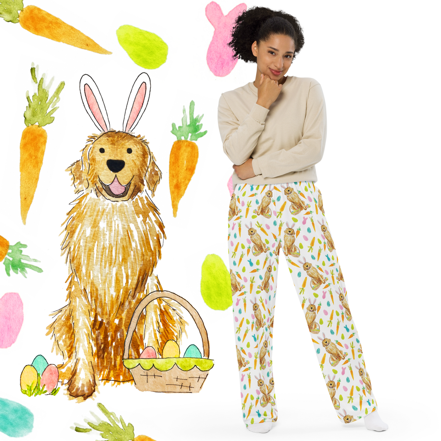 Front view of Easter Golden Retriever pajama pants with pastel eggs and watercolor dog pattern