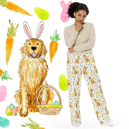 Front view of Easter Golden Retriever pajama pants with pastel eggs and watercolor dog pattern
