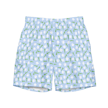 golf ball swim trunks in blue with green golf tees, men's golf swimsuits, men’s golf swim trunks, golf swim shorts, golf bathing suit men, golf print swim trunks, men’s quick dry swim shorts, Father’s Day golf gift, golf dad gift, golf vacation clothes, golf beachwear, men’s golf apparel, men’s athletic swim trunks, novelty golf swim shorts