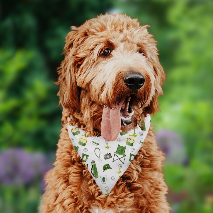 A brown dog wearing a golf dog bandana with a green and yellow golf-themed pattern. Pattern includes pimento cheese sandwiches, egg salad sandwiches, patron tournament chairs, green caps, golf balls, tournament cups, cameras and more!