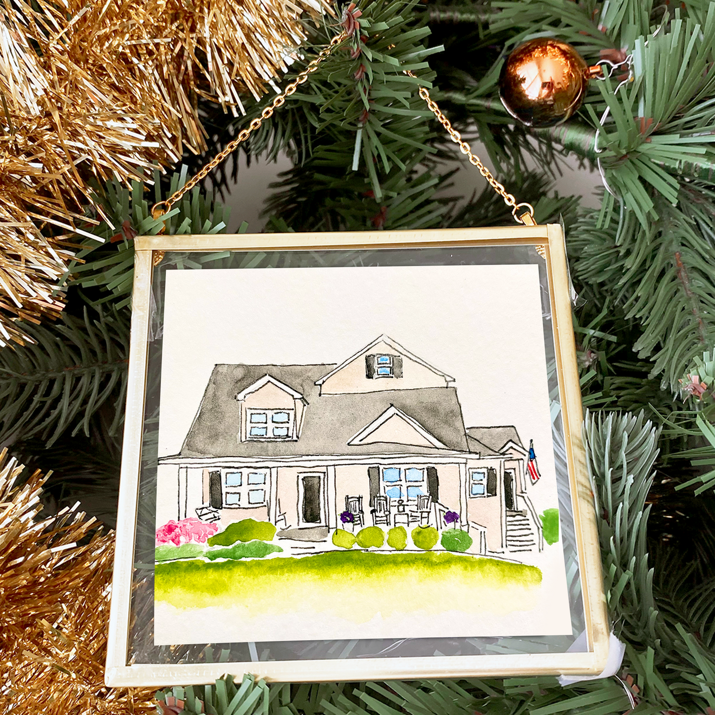 Personalized new home ornament in gold frame