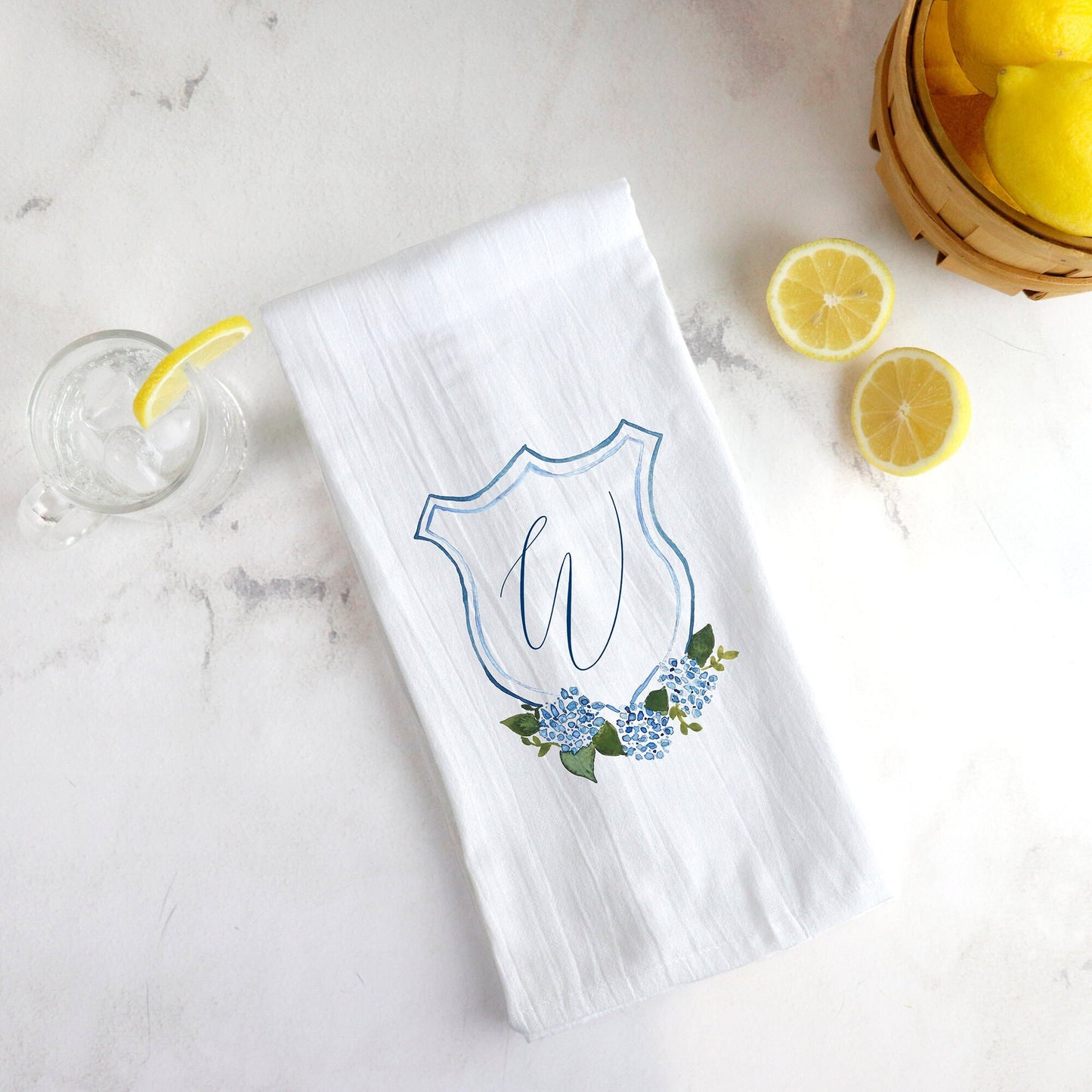 Personalized Watercolor Hydrangea Crest Tea Towel