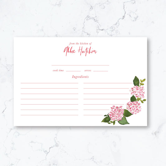 Personalized Pink Hydrangea Recipe Box Cards