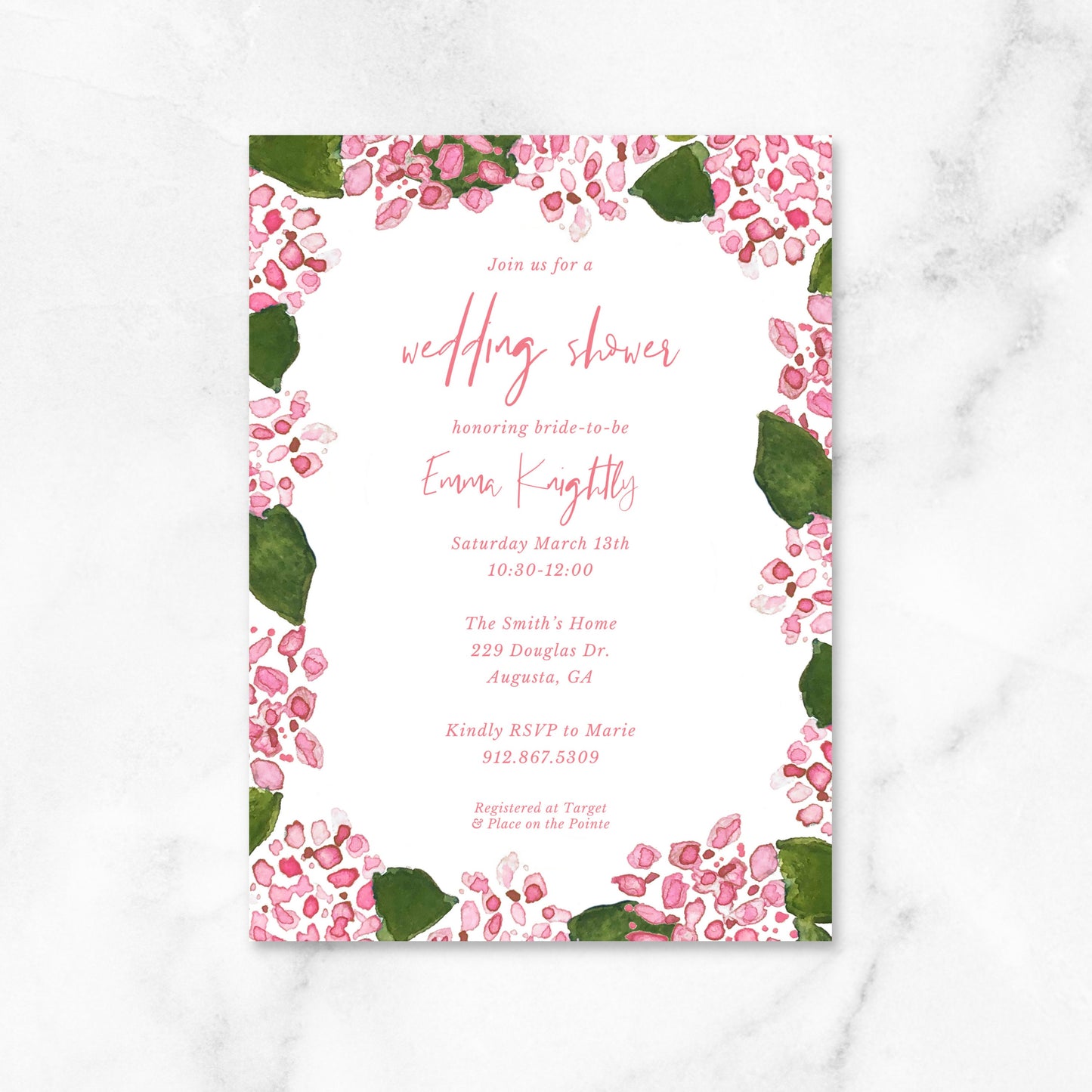 Pink Hydrangea Wedding Shower Invitations