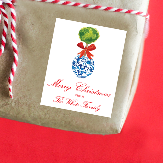Personalized Watercolor Christmas Topiary Sticker Gift Tags