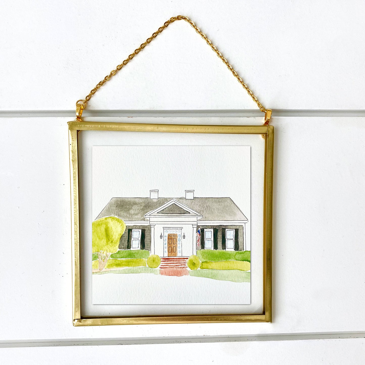 Hand-painted house Christmas ornament with ribbon